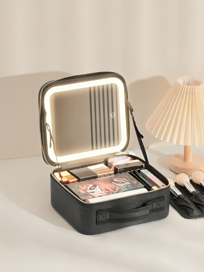 Cosmetiquera con espejo LED cerrada, vista del organizador interno