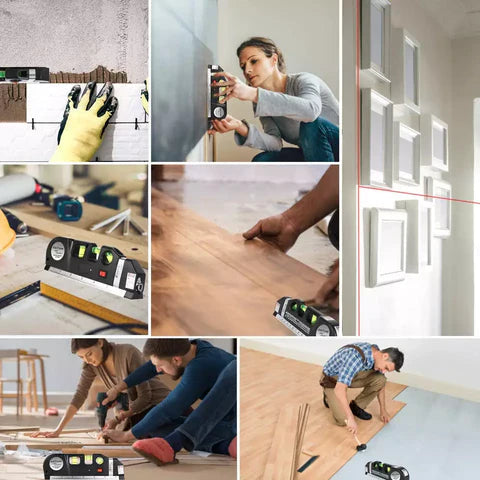 Nivelador láser Pro 4 en 1 en uso, proyectando línea láser