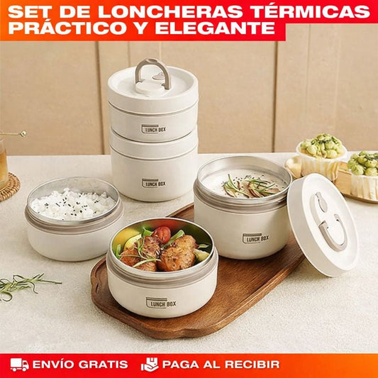 Set x4 Portacomidas + Lonchera Térmica Premium