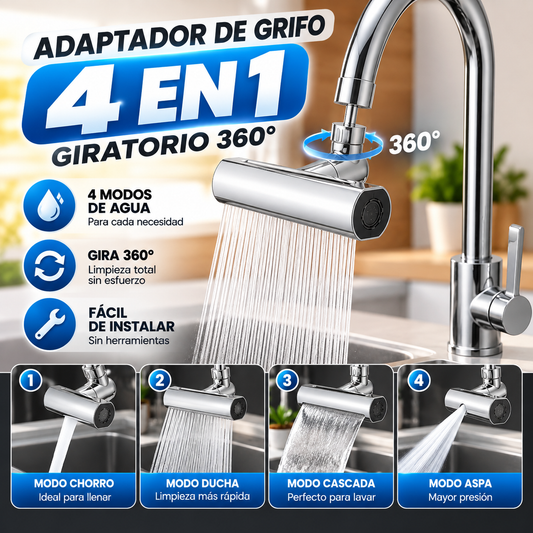 Adaptador de Grifo 4 en 1 Giratorio 360° – Cabezal Flexible para Fregadero