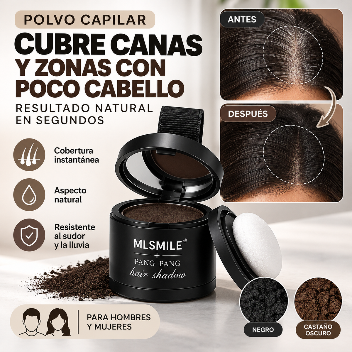 Polvo Capilar Instantáneo 2X1 – ¡Cubre Canas y Zonas con Poco Cabello!