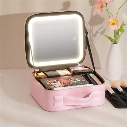 Cosmetiquera rosada con espejo LED integrado